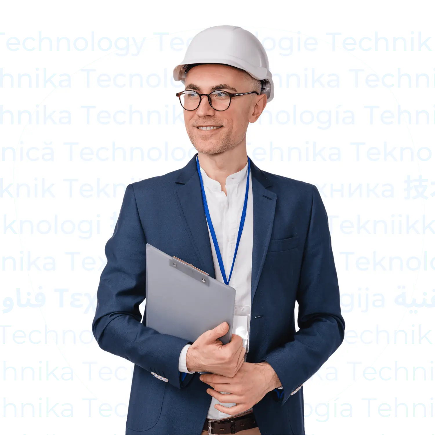Ein Mann mit Schutzhelm und Aktenmappe, der lächelt, vor dem Wort „Technik“ in verschiedenen Sprachen auf weißem, ovalem Hintergrund.