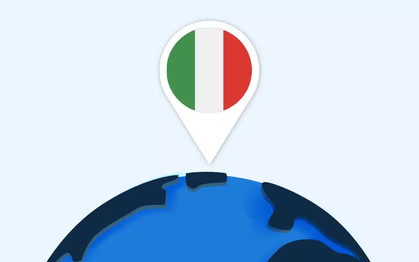 Weltkugel mit Standort-Pin, auf dem die Flagge von Italien zu sehen ist