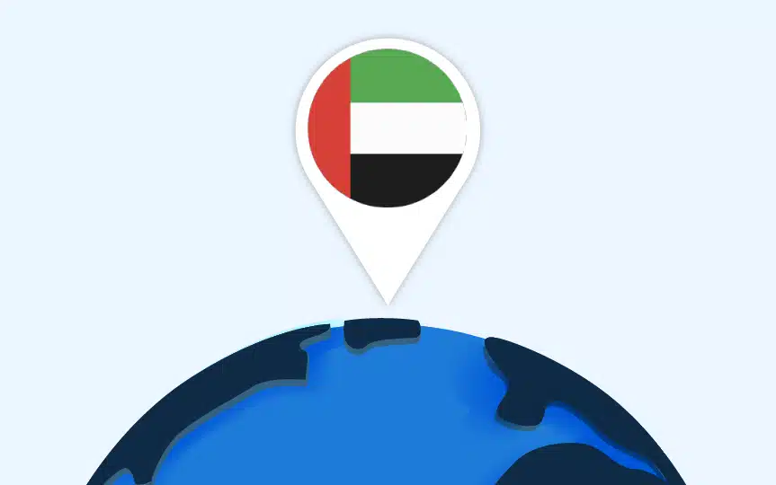 Weltkugel mit Standort-Pin, auf dem die Flagge der Vereinigten Arabischen Emirate zu sehen ist