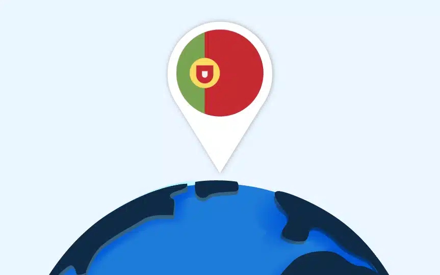 Weltkugel mit Standort-Pin, auf dem die Flagge von Portugal zu sehen ist