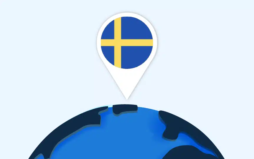 Weltkugel mit Standort-Pin, auf dem die Flagge von Schweden zu sehen ist