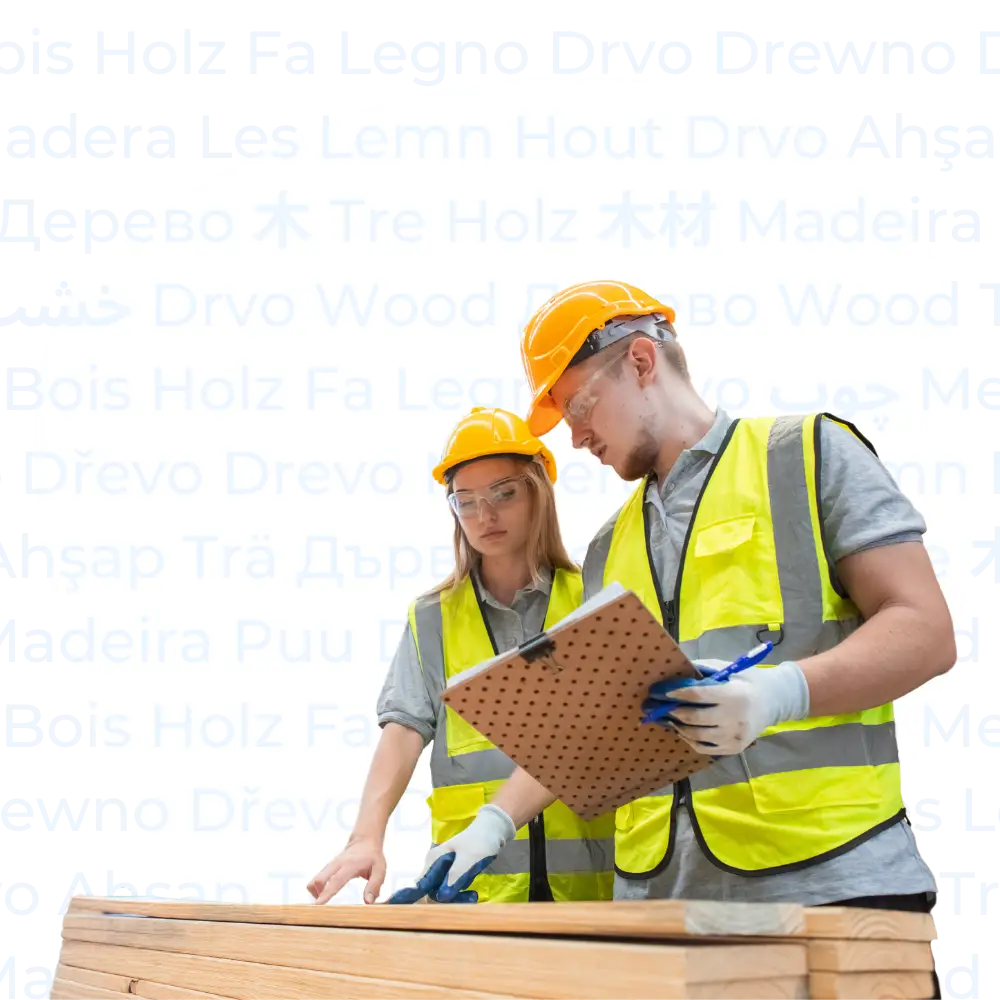 Zwei Personen mit Schutzhelmen und Warnwesten, die Holzbretter prüfen, vor dem Wort „Holz“ in verschiedenen Sprachen auf weißem, ovalem Hintergrund.
