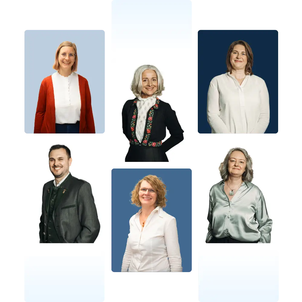 Einzelporträts einiger Mitarbeiter des Übersetzungsbüros ALLESPRACHEN – blauer Hintergrund