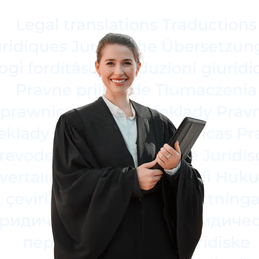 Eine Frau in Richterrobe, die ein Gesetzbuch hält, vor dem Wort „juristisch“ in verschiedenen Sprachen auf weißem, ovalem Hintergrund.