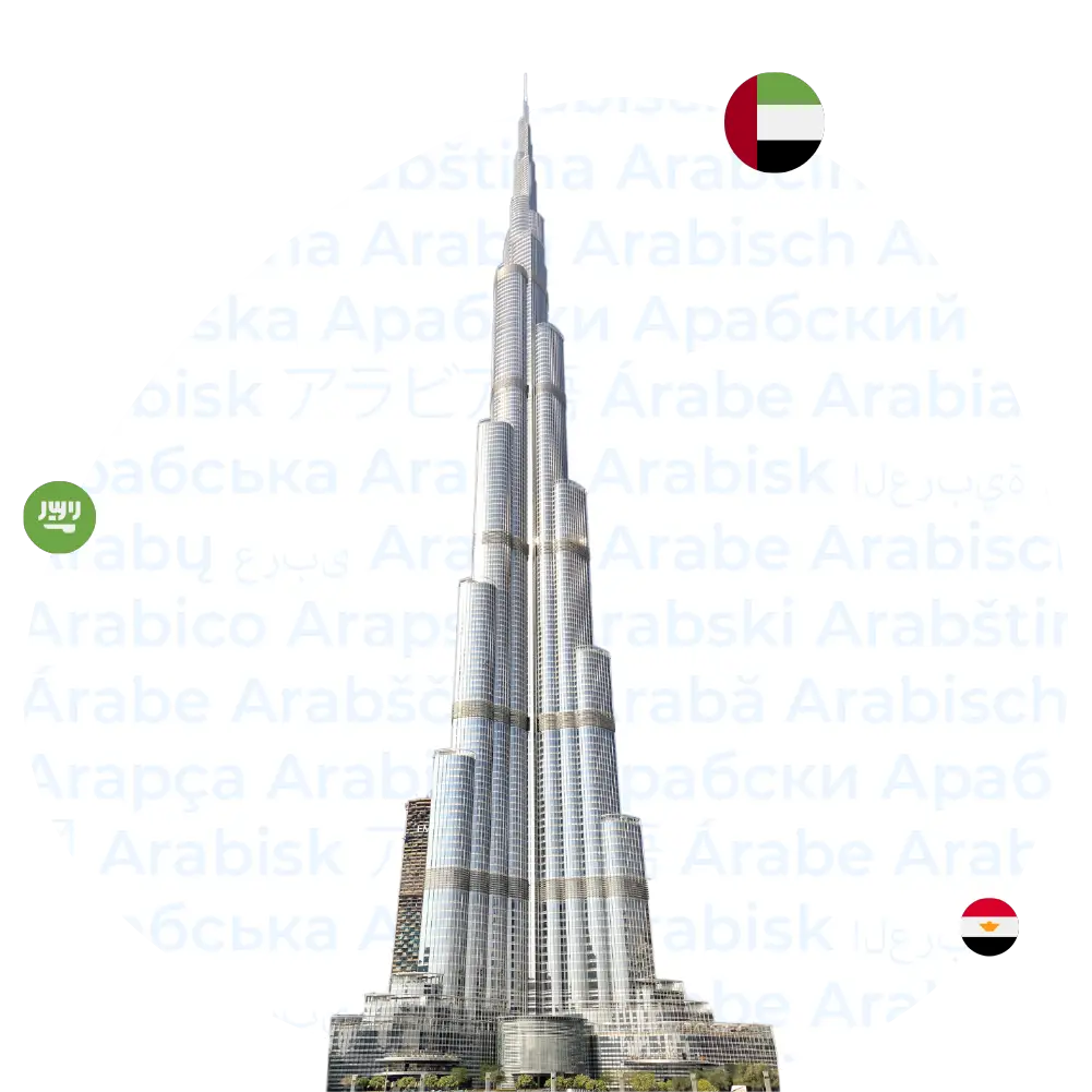 Übersetzungsbüro Arabisch - Ikonischer Burj Khalifa in Dubai, verziert mit der Flagge der Vereinigten Arabischen Emirate und mehrsprachiger Übersetzung des Wortes "Arabisch"