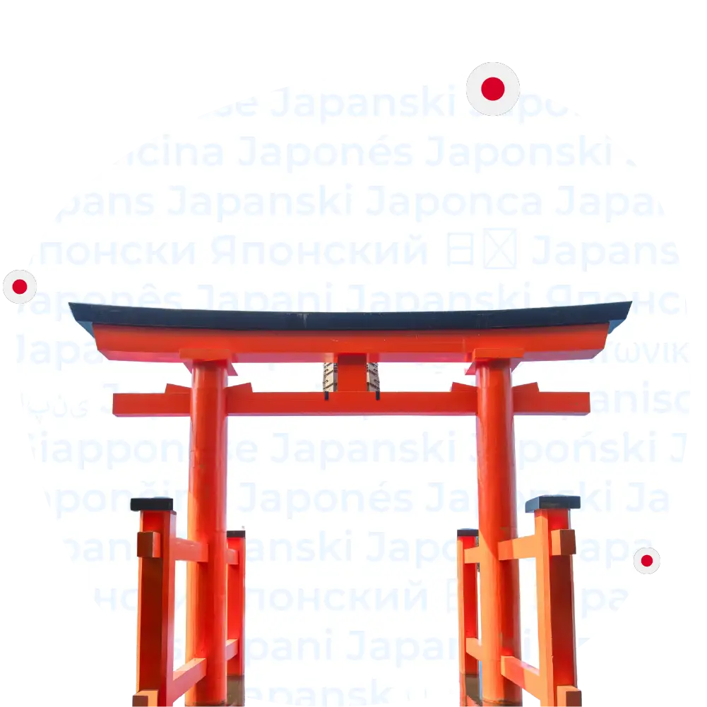 Übersetzungsbüro Japanisch - Ikonisches Torii-Tor, verziert mit der weiß-roten Flagge Japans und mehrsprachiger Übersetzung des Wortes "Japanisch"