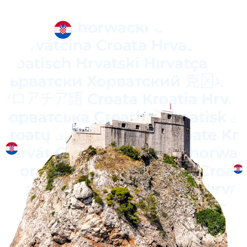 Übersetzungsbüro Kroatisch - Ikonische Festung Lovrijenac in Dubrovnik, verziert mit der rot-weiß-blauen Flagge Kroatiens und mehrsprachiger Übersetzung des Wortes "Kroatisch"