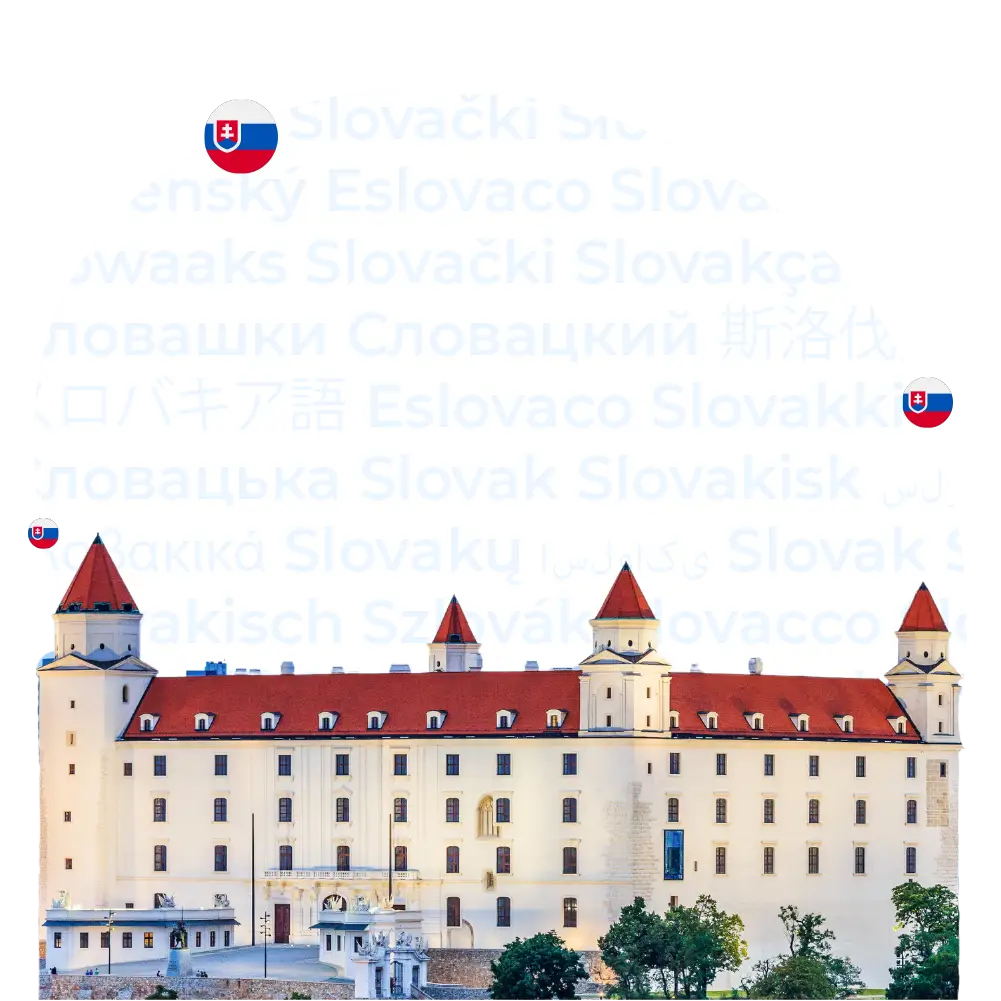 Übersetzungsbüro Slowakisch - Ikonische Burg Bratislava in Bratislava, verziert mit der weiß-blau-roten Flagge der Slowakei und mehrsprachiger Übersetzung des Wortes "Slowakisch"