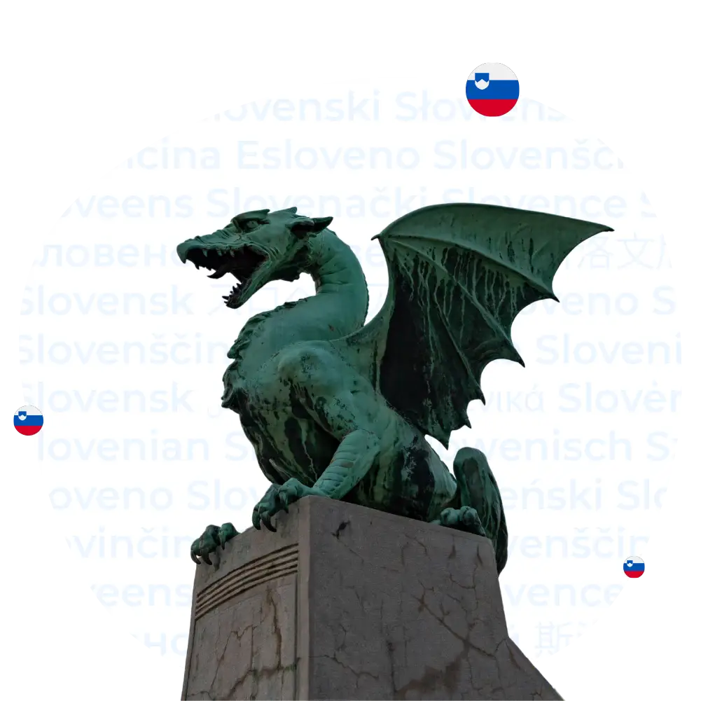 Übersetzungsbüro Slowenisch - Ikonische Drachenstatue in Ljubljana, verziert mit der weiß-blau-roten Flagge Sloweniens und mehrsprachiger Übersetzung des Wortes "Slowenisch"
