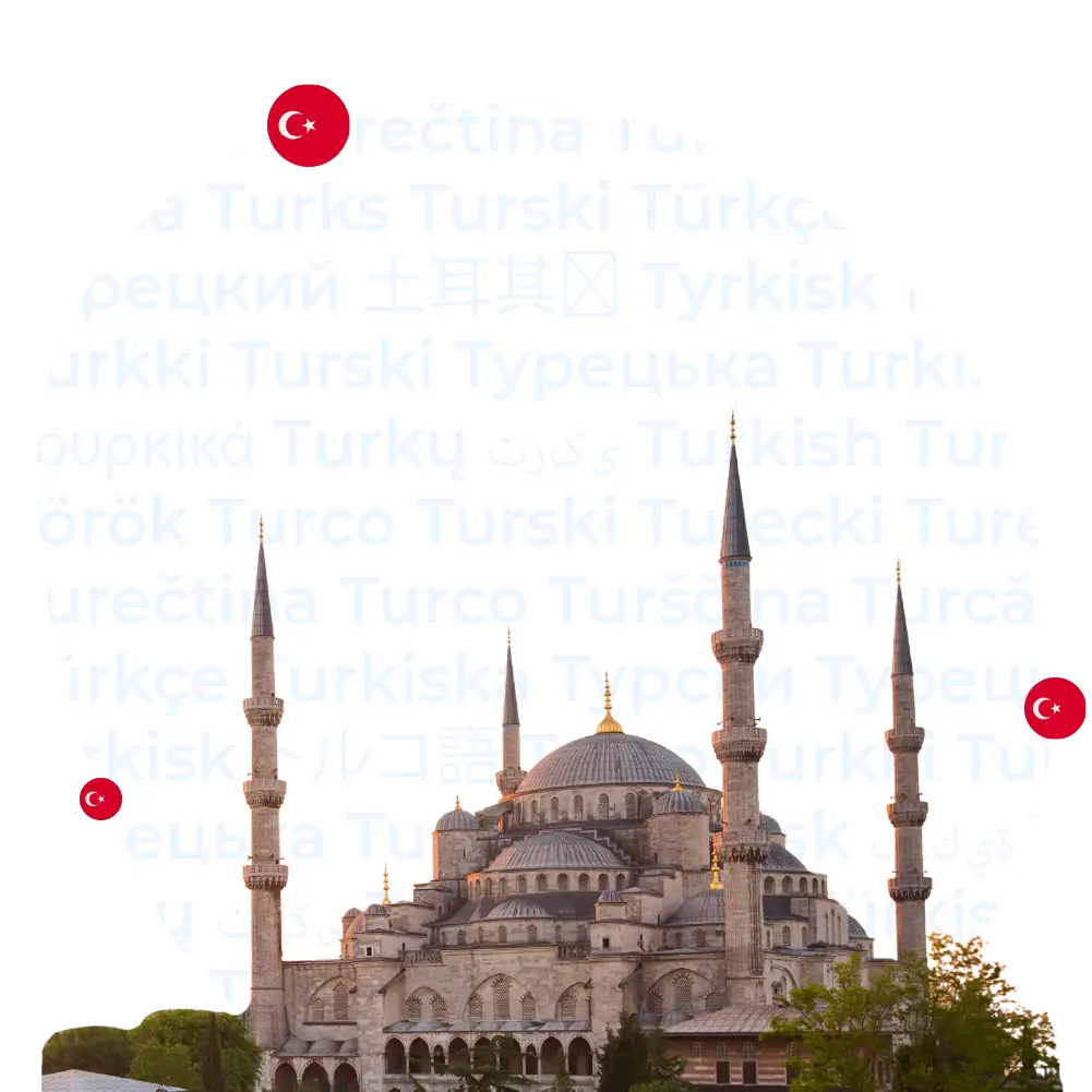 Übersetzungsbüro Türkisch - Ikonische Blaue Moschee in Istanbul, verziert mit der rot-weißen Flagge der Türkei und mehrsprachiger Übersetzung des Wortes "Türkisch"