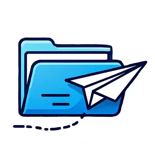 Illustration eines blauen Dateiordners mit einem Papierflieger, der den Versand einer digitalen Datei symbolisiert.