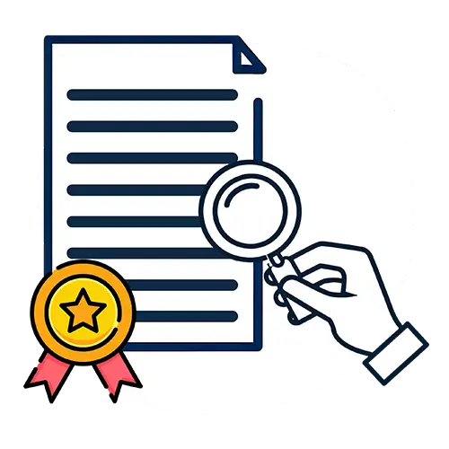 Illustration eines Dokuments mit Lupe und Zertifikatssiegel – Symbol für eine geprüfte, hochwertige Übersetzung.