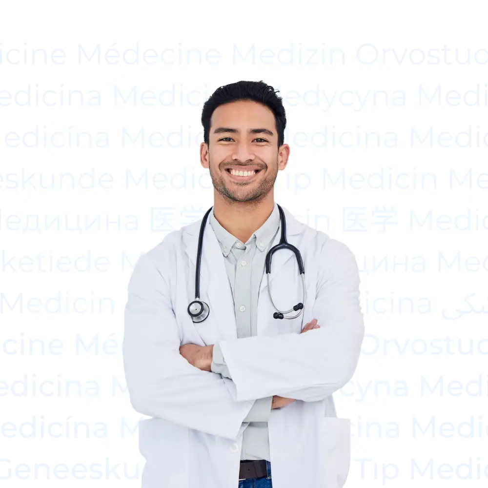 Ein Arzt mit Stethoskop, der die Arme verschränkt und lächelt, vor dem Wort „Medizin“ in verschiedenen Sprachen auf weißem, ovalem Hintergrund.